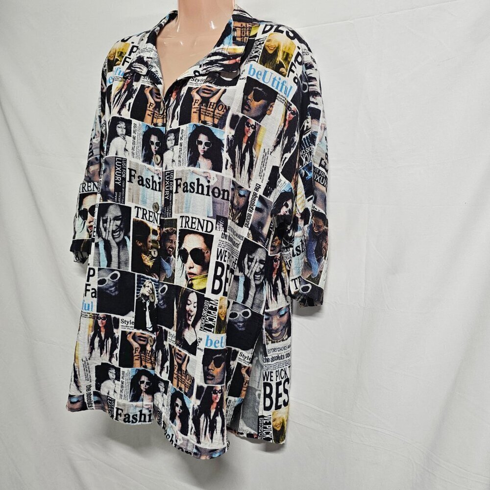 John Mark Women Graphic Button Up Collared Top Blouse Shirt Size L Deep Slits - Picture 10 of 13